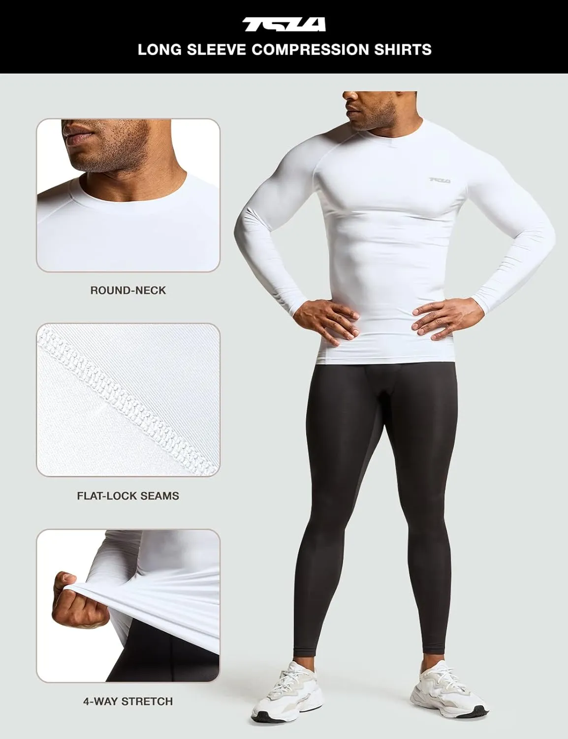 TSLA Men's UPF 50  Compression Shirts, Cool Dry Long Sleeve Athletic Tops, Sports Baselayer Workout Shirt