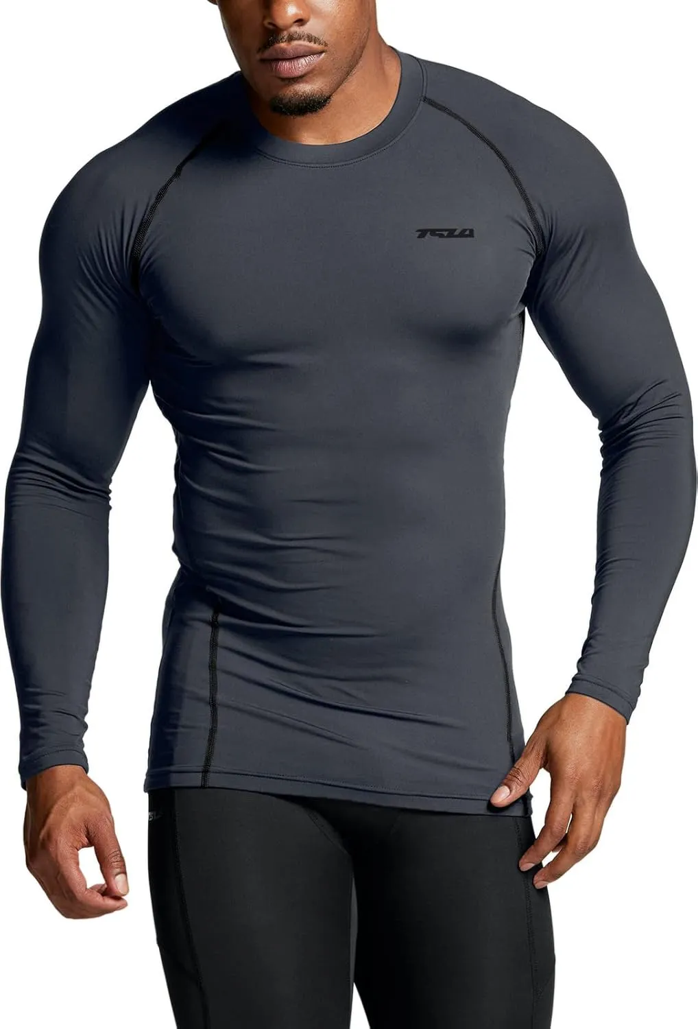 TSLA Men's UPF 50  Compression Shirts, Cool Dry Long Sleeve Athletic Tops, Sports Baselayer Workout Shirt