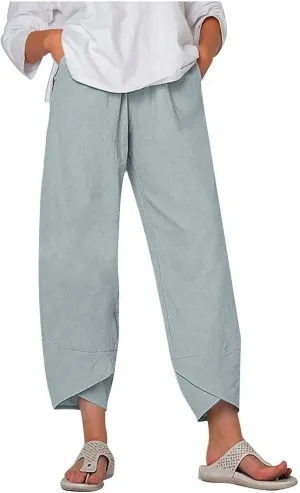 Tulip Hem Capri Pants for Women Wide Leg Cotton Linen Pants Summer Flowy Capris Casual Cropped Trousers with Pockets