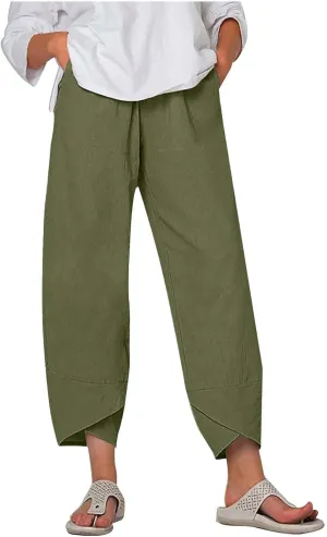 Tulip Hem Capri Pants for Women Wide Leg Cotton Linen Pants Summer Flowy Capris Casual Cropped Trousers with Pockets