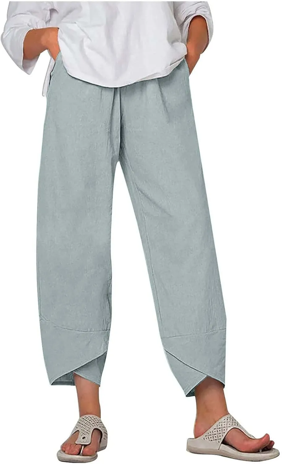 Tulip Hem Capri Pants for Women Wide Leg Cotton Linen Pants Summer Flowy Capris Casual Cropped Trousers with Pockets