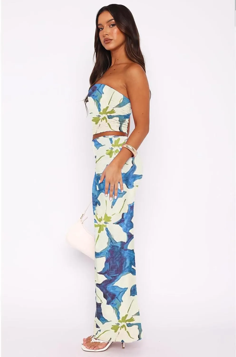 Two Piece Dress Outfits for Women Sleeveless Tube Tops Bodycon Maxi Dress Summer Strapless Crop Top Sexy Suits Set