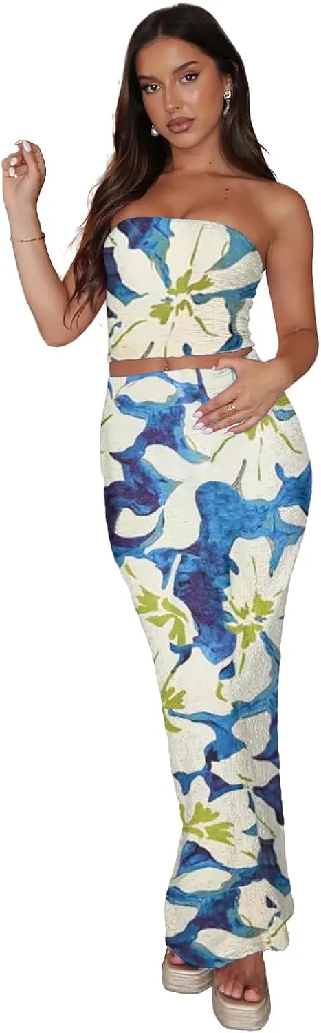 Two Piece Dress Outfits for Women Sleeveless Tube Tops Bodycon Maxi Dress Summer Strapless Crop Top Sexy Suits Set