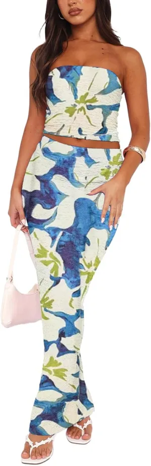 Two Piece Dress Outfits for Women Sleeveless Tube Tops Bodycon Maxi Dress Summer Strapless Crop Top Sexy Suits Set