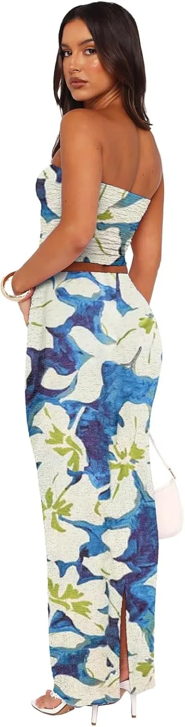 Two Piece Dress Outfits for Women Sleeveless Tube Tops Bodycon Maxi Dress Summer Strapless Crop Top Sexy Suits Set