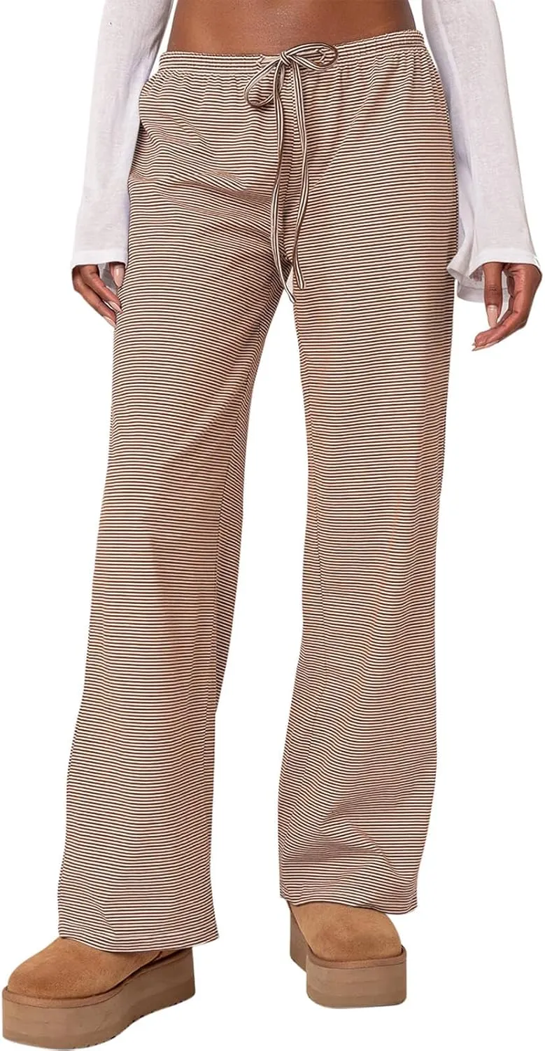 Ugerlov Women's Wide Leg Striped Pants Casual Drawstring Elastic Low Rise Pajama Pants Lounge Wear Trousers