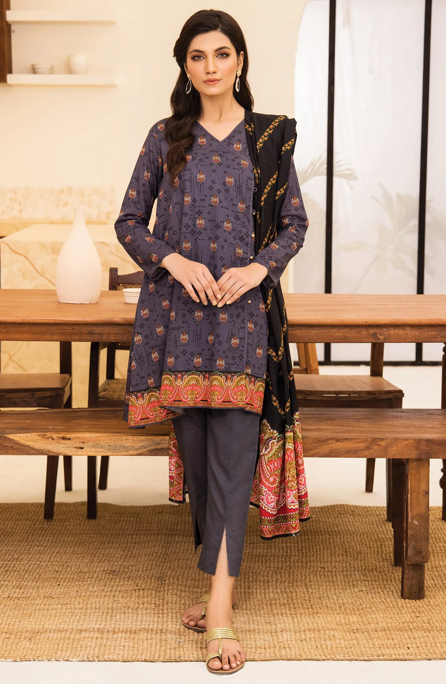 Unstitched 3 Piece Printed Karandi Shirt , Pant and Karandi Shawl Dupatta (OTL-21-312/U GREY)