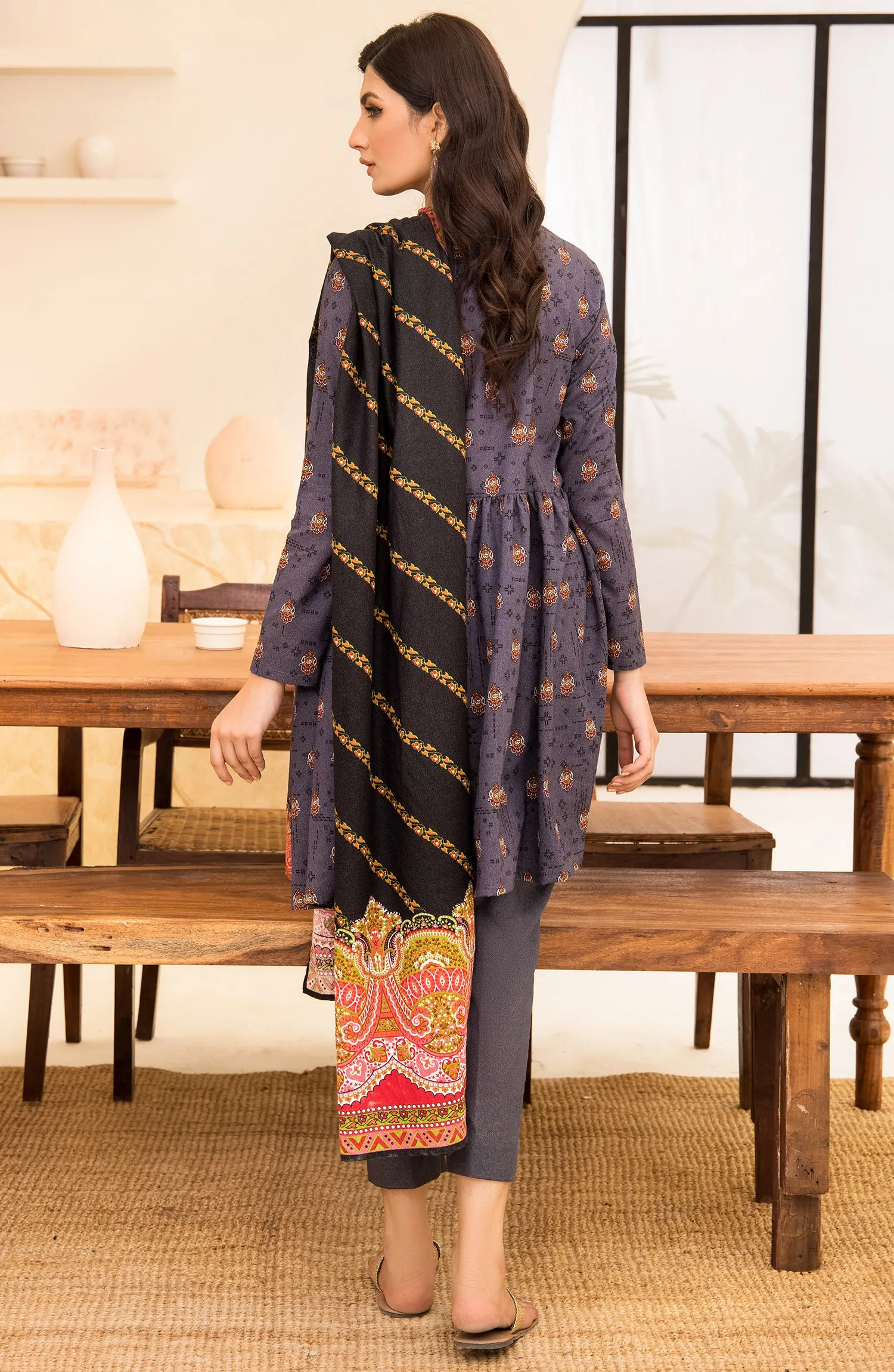 Unstitched 3 Piece Printed Karandi Shirt , Pant and Karandi Shawl Dupatta (OTL-21-312/U GREY)