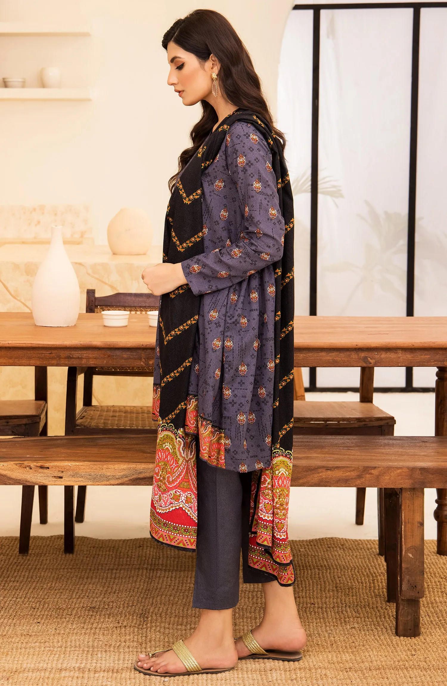 Unstitched 3 Piece Printed Karandi Shirt , Pant and Karandi Shawl Dupatta (OTL-21-312/U GREY)