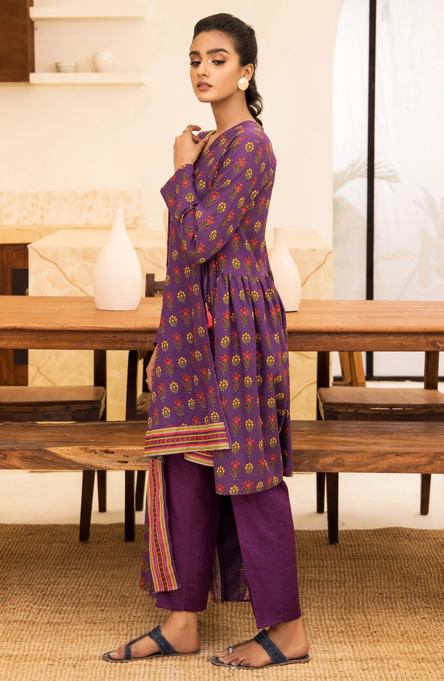 Unstitched 3 Piece Printed Karandi Shirt , Pant and Karandi Shawl Dupatta (OTL-21-319/U PURPLE)