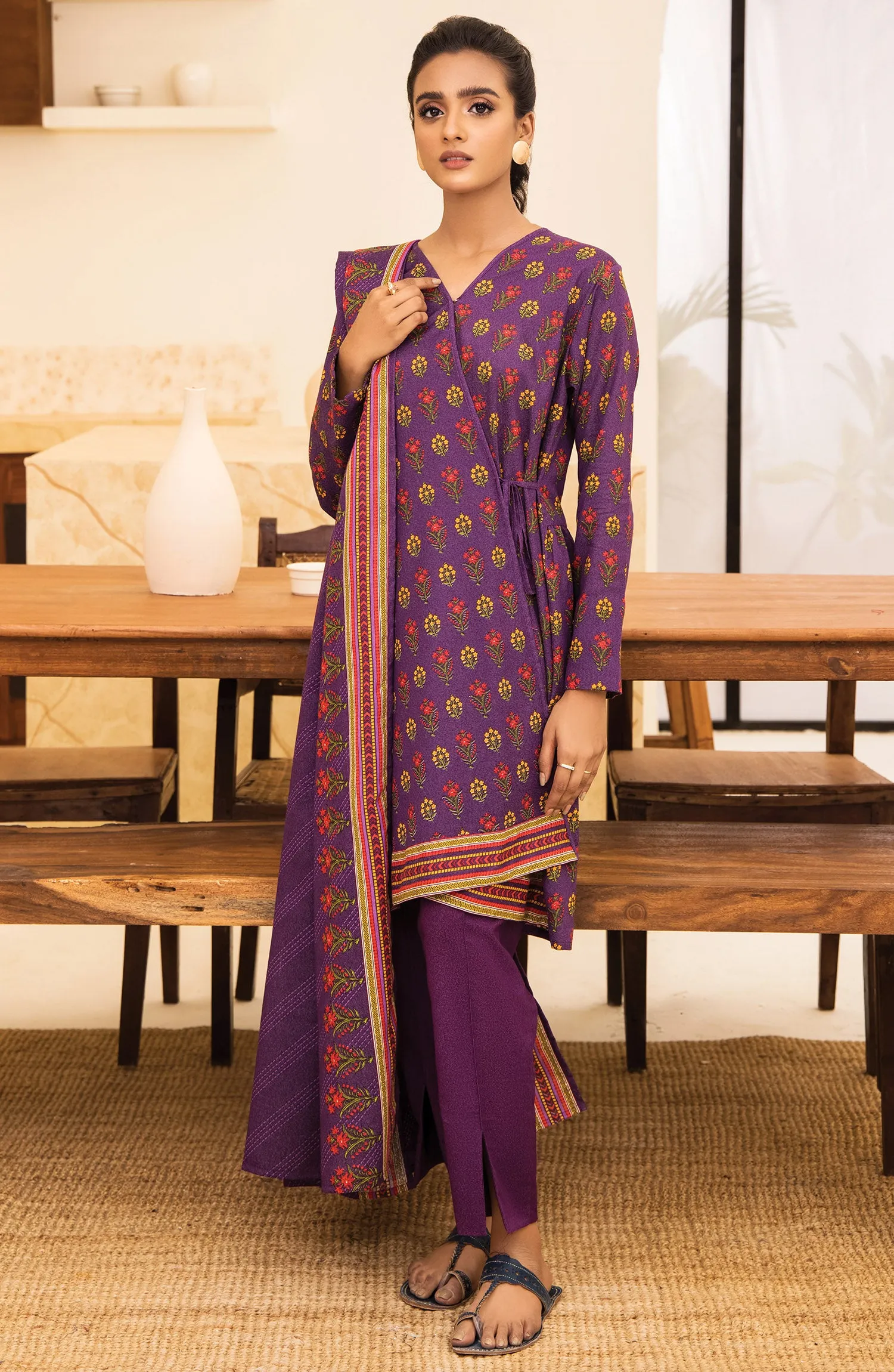 Unstitched 3 Piece Printed Karandi Shirt , Pant and Karandi Shawl Dupatta (OTL-21-319/U PURPLE)