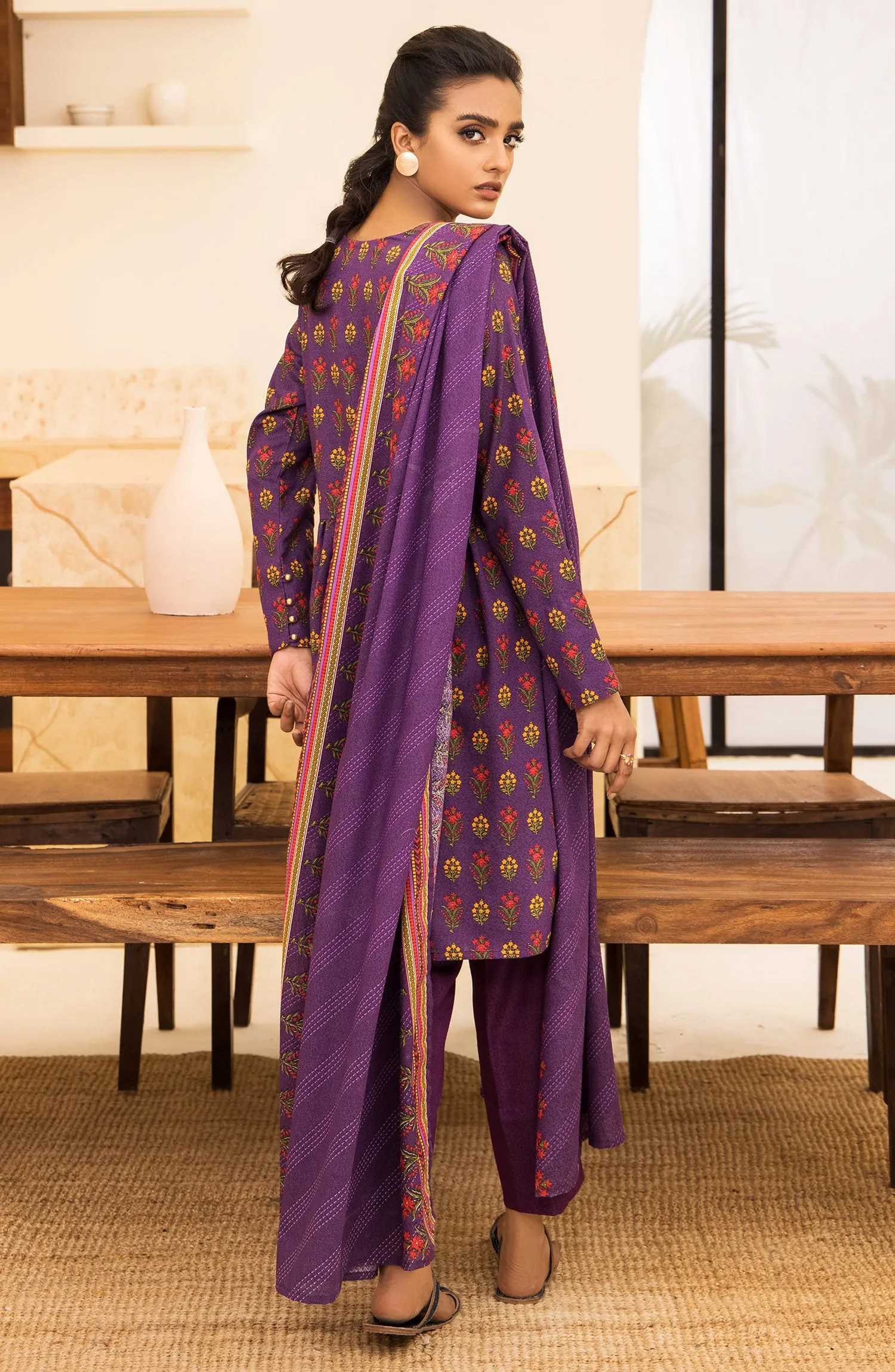 Unstitched 3 Piece Printed Karandi Shirt , Pant and Karandi Shawl Dupatta (OTL-21-319/U PURPLE)