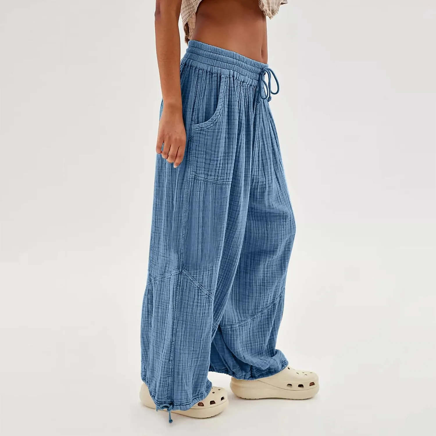 utcoco Womens Casual Loose Fit Wide Leg Cotton Pants Drawstring Stitching Baggy Pants Trousers with Pockets