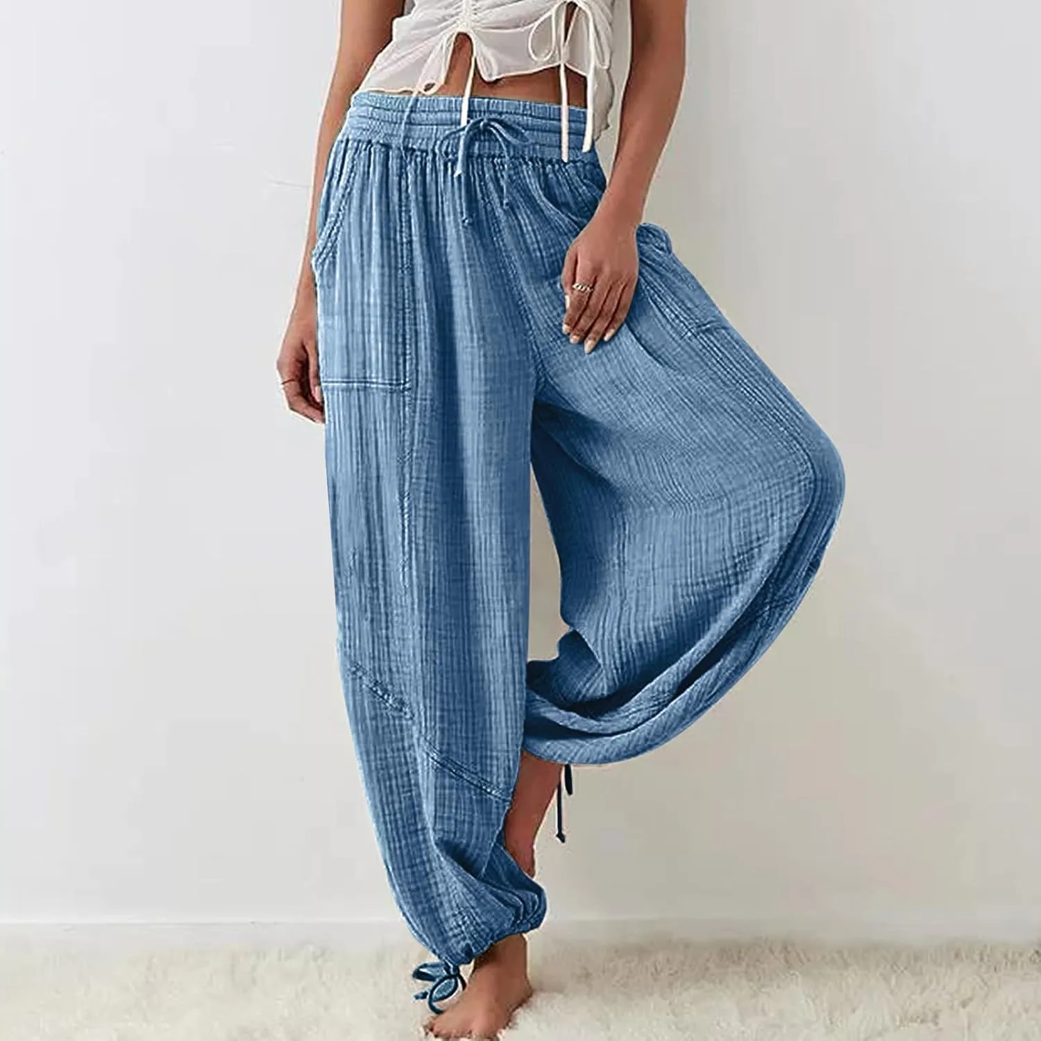 utcoco Womens Casual Loose Fit Wide Leg Cotton Pants Drawstring Stitching Baggy Pants Trousers with Pockets