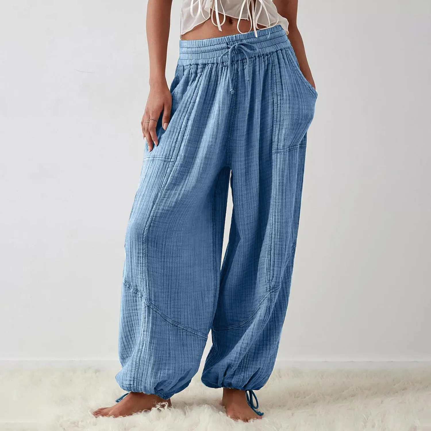 utcoco Womens Casual Loose Fit Wide Leg Cotton Pants Drawstring Stitching Baggy Pants Trousers with Pockets