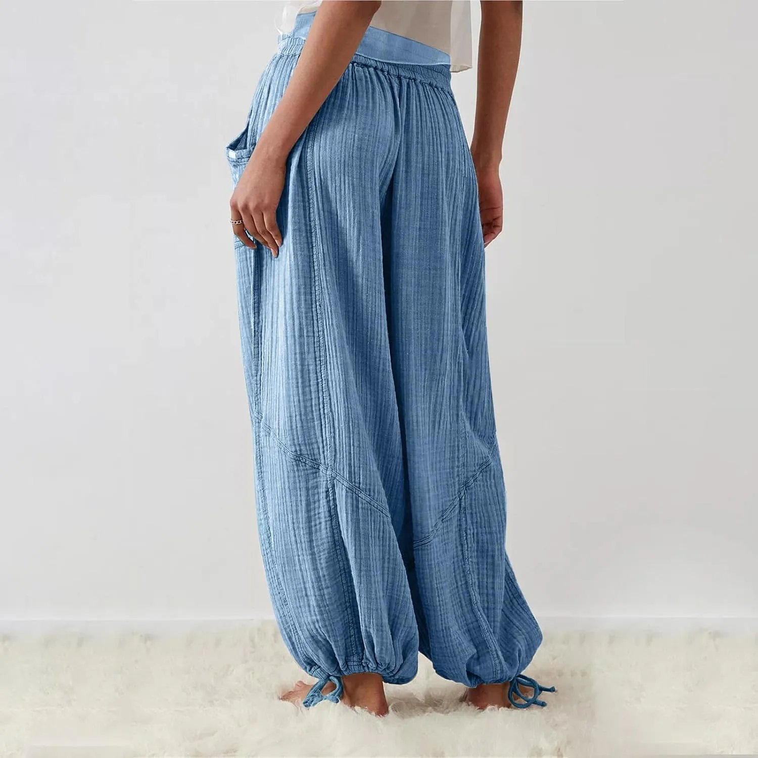 utcoco Womens Casual Loose Fit Wide Leg Cotton Pants Drawstring Stitching Baggy Pants Trousers with Pockets