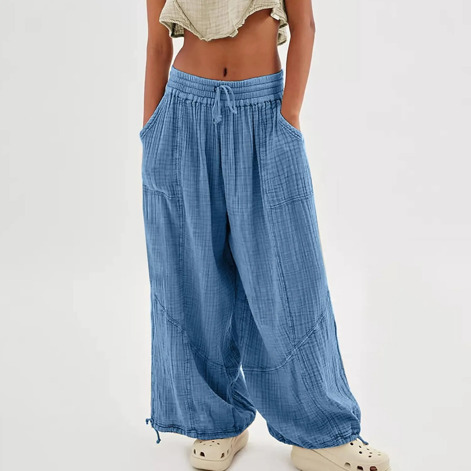 utcoco Womens Casual Loose Fit Wide Leg Cotton Pants Drawstring Stitching Baggy Pants Trousers with Pockets