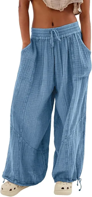 utcoco Womens Casual Loose Fit Wide Leg Cotton Pants Drawstring Stitching Baggy Pants Trousers with Pockets