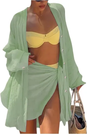Verdusa Beach Vacation Clothes For Women 2 Piece Outfits Swimsuit Cover Ups Button Shirts and Wrap Skirts Sets