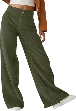 Vintage Corduroy Pants for Women Elastic High Waist Pull On Straight Leg Slacks Casual Lounge Work Trousers Pants