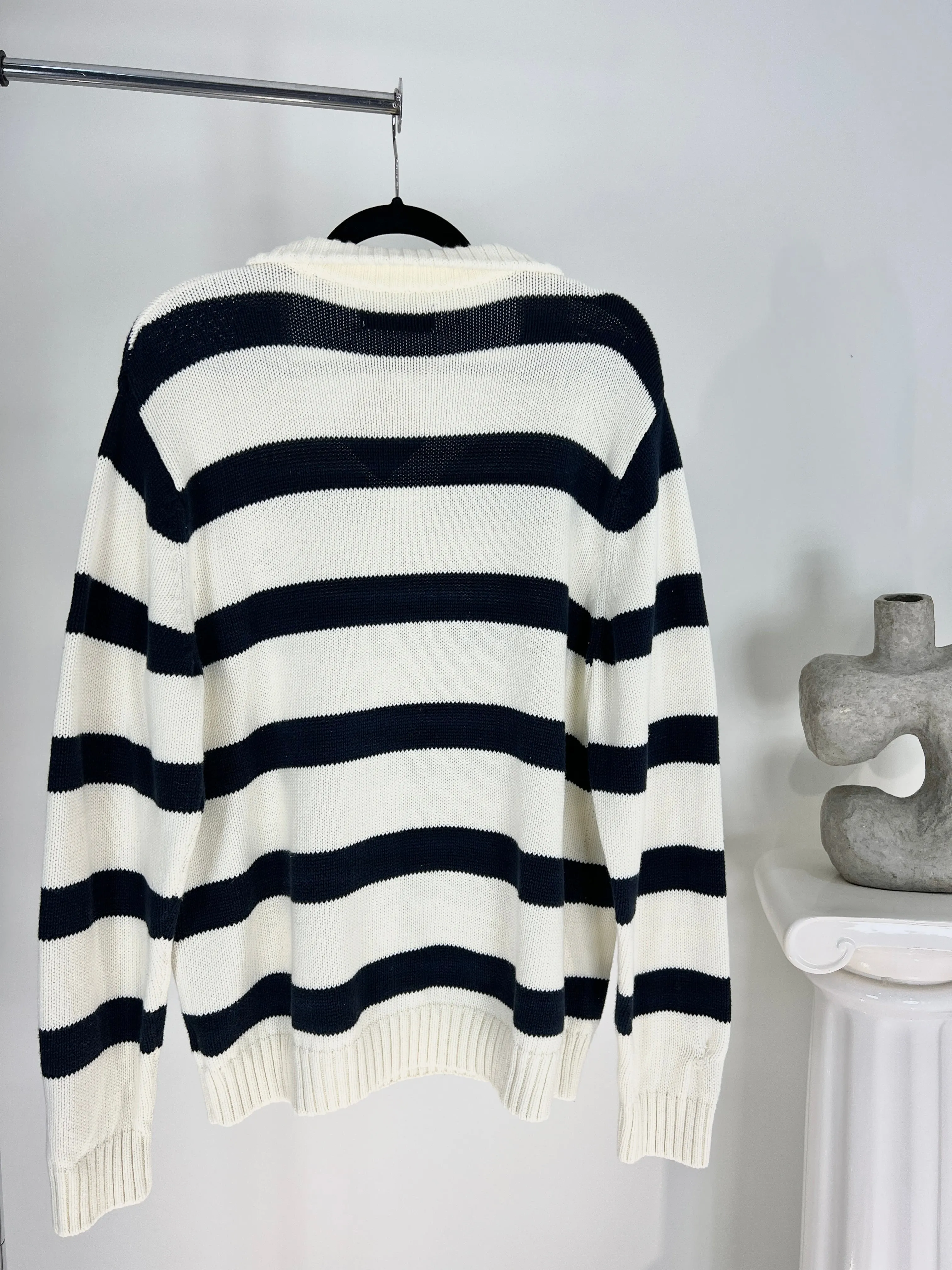 VINTAGE NAVY   WHITE STRIPED KNIT QUARTER ZIP SWEATER
