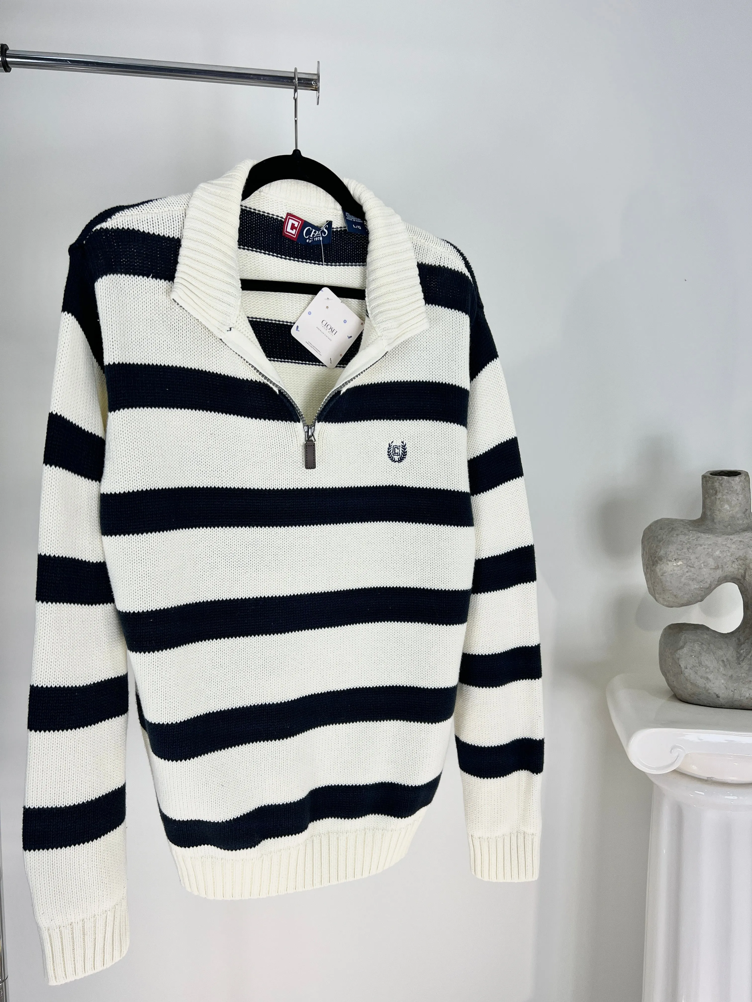 VINTAGE NAVY   WHITE STRIPED KNIT QUARTER ZIP SWEATER