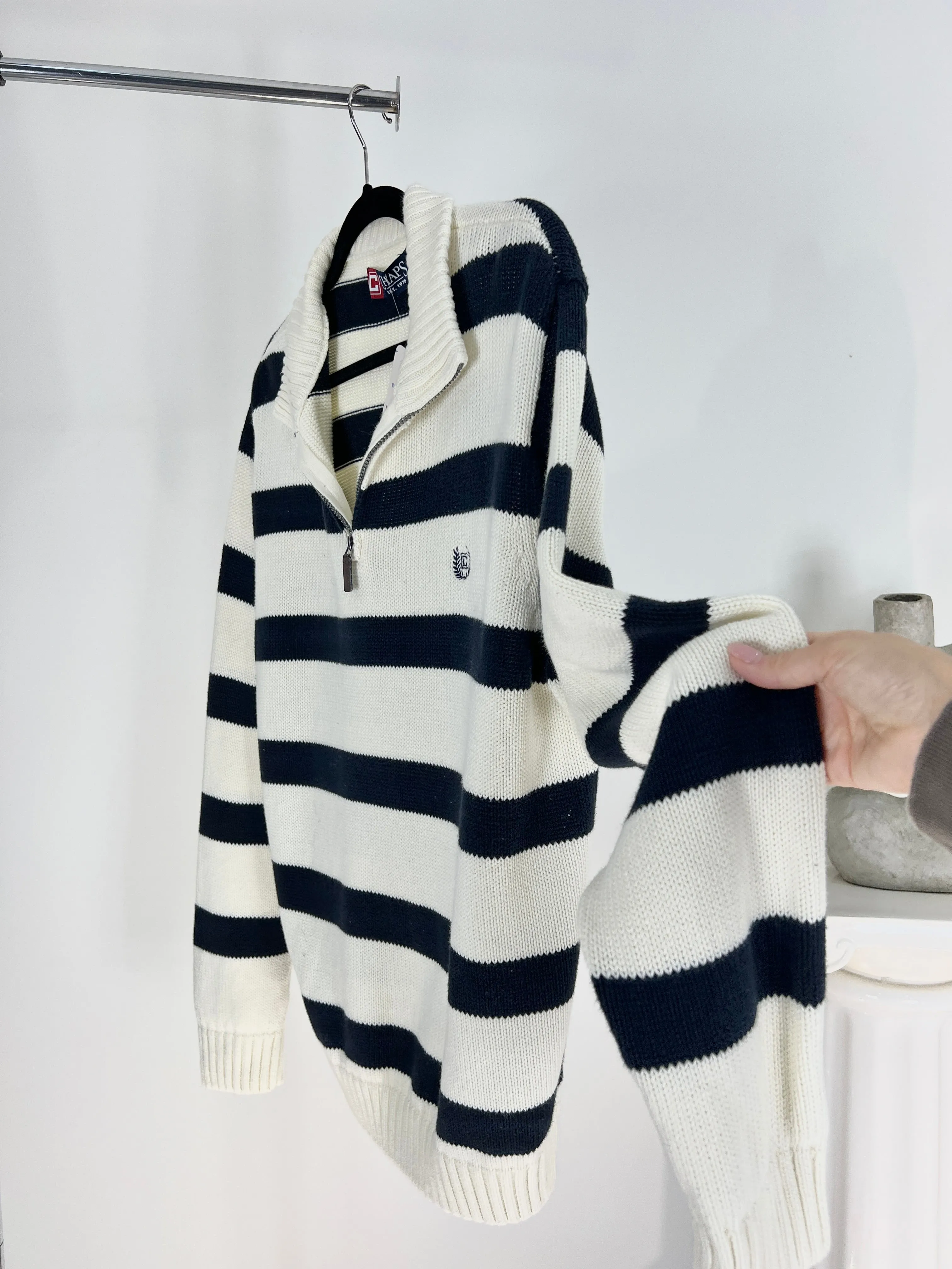 VINTAGE NAVY   WHITE STRIPED KNIT QUARTER ZIP SWEATER