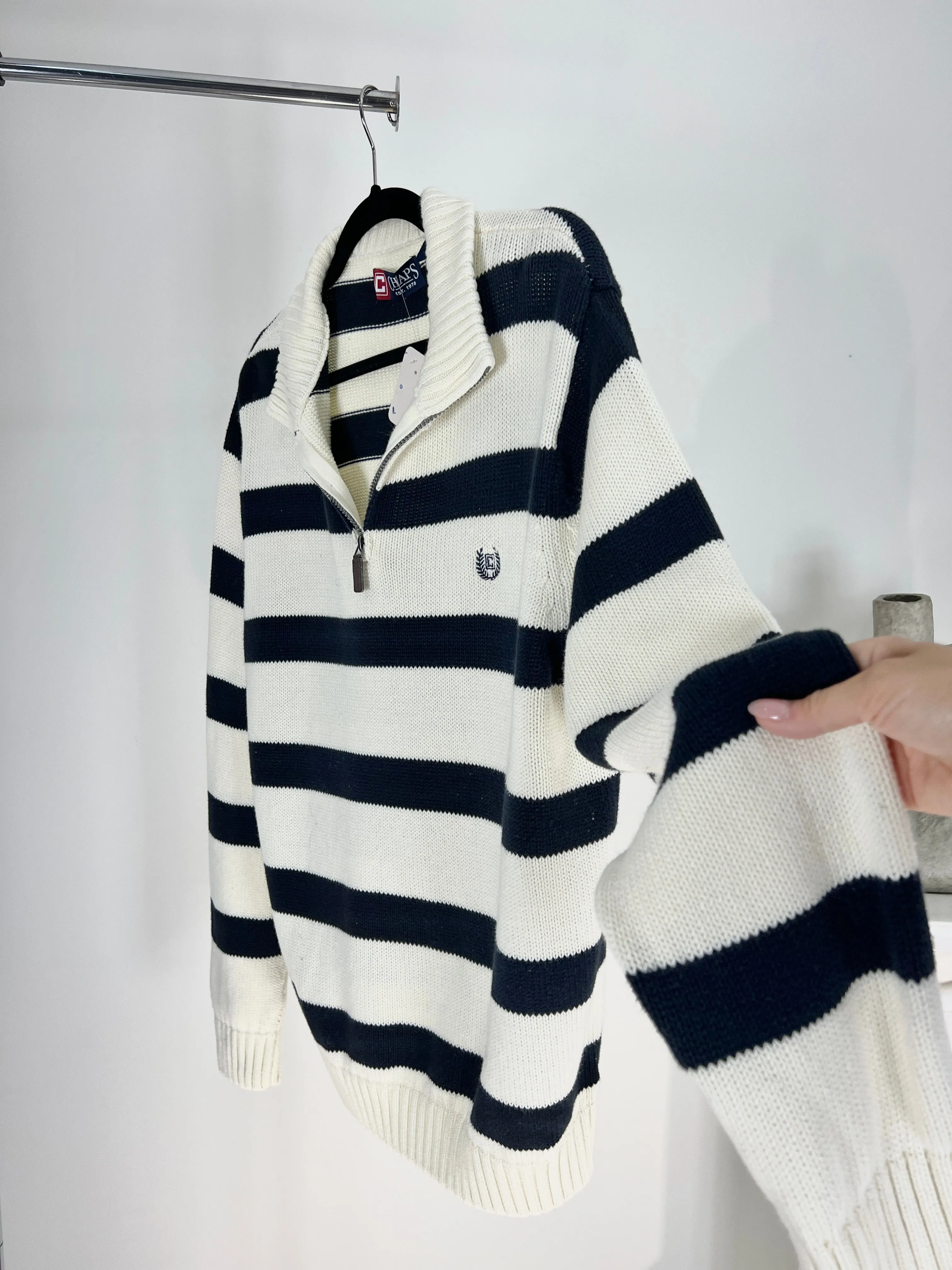 VINTAGE NAVY   WHITE STRIPED KNIT QUARTER ZIP SWEATER