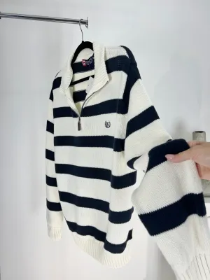 VINTAGE NAVY   WHITE STRIPED KNIT QUARTER ZIP SWEATER