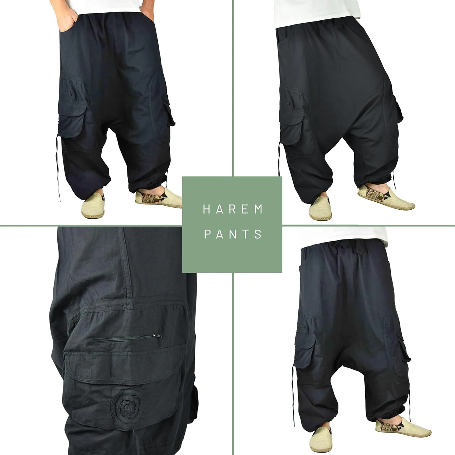 Virblatt - Harem Pants for Men | Cotton | Rave Drop Crotch Aladdin Hippie Genie Pants