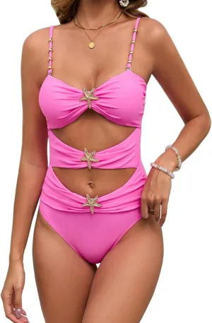 Wellwits Women's Beads Cutout Starfish Metal Decor One Piece Swimsuit