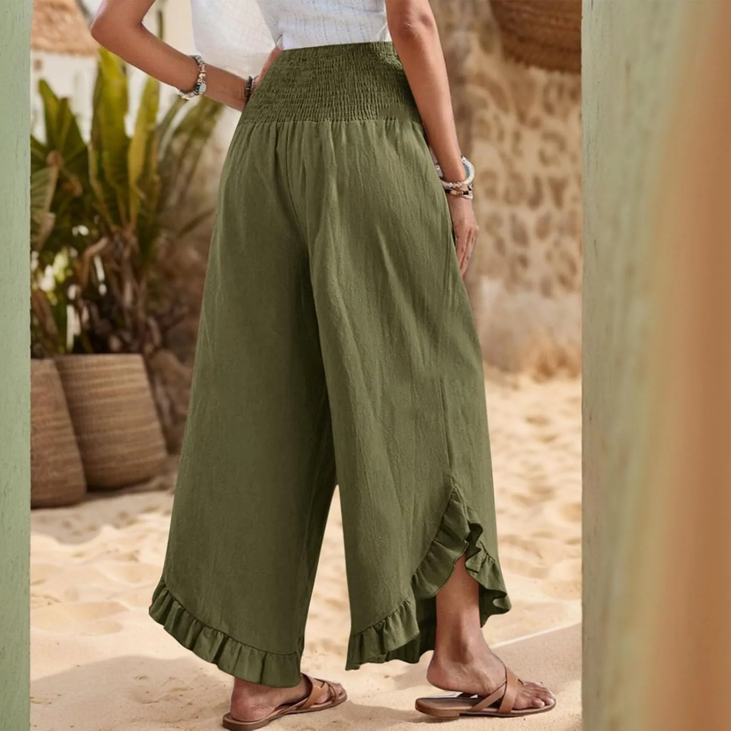 Wide Leg Linen Pants for Women Smocked Elastic Waist Ruffle Hem Holiday Beach Pants with Pockets Summer Palazzo Pants