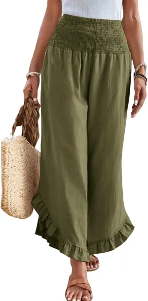 Wide Leg Linen Pants for Women Smocked Elastic Waist Ruffle Hem Holiday Beach Pants with Pockets Summer Palazzo Pants
