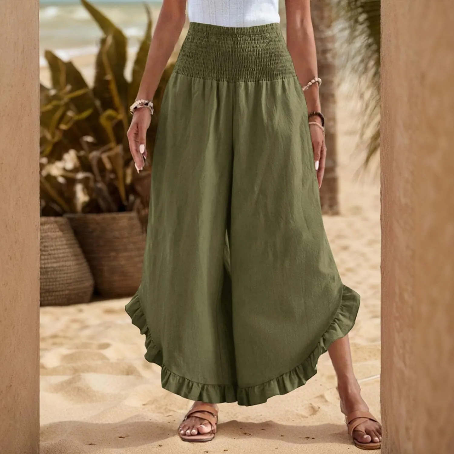 Wide Leg Linen Pants for Women Smocked Elastic Waist Ruffle Hem Holiday Beach Pants with Pockets Summer Palazzo Pants