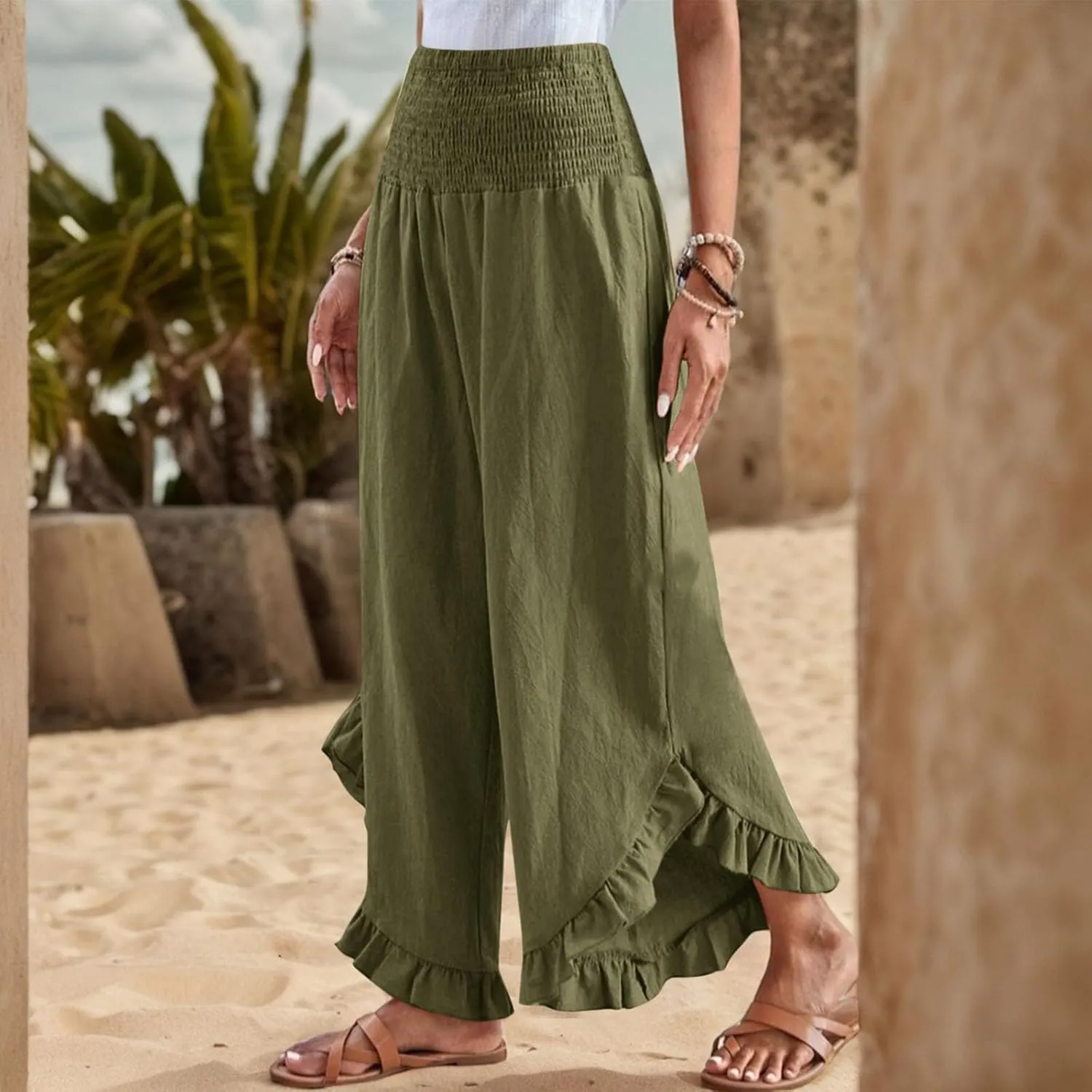 Wide Leg Linen Pants for Women Smocked Elastic Waist Ruffle Hem Holiday Beach Pants with Pockets Summer Palazzo Pants