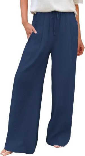 Wide Leg Palazzo Pants for Women Cotton Linen Summer Beach Vacation Trousers Dressy Loose Casual Sports Lounge Pants