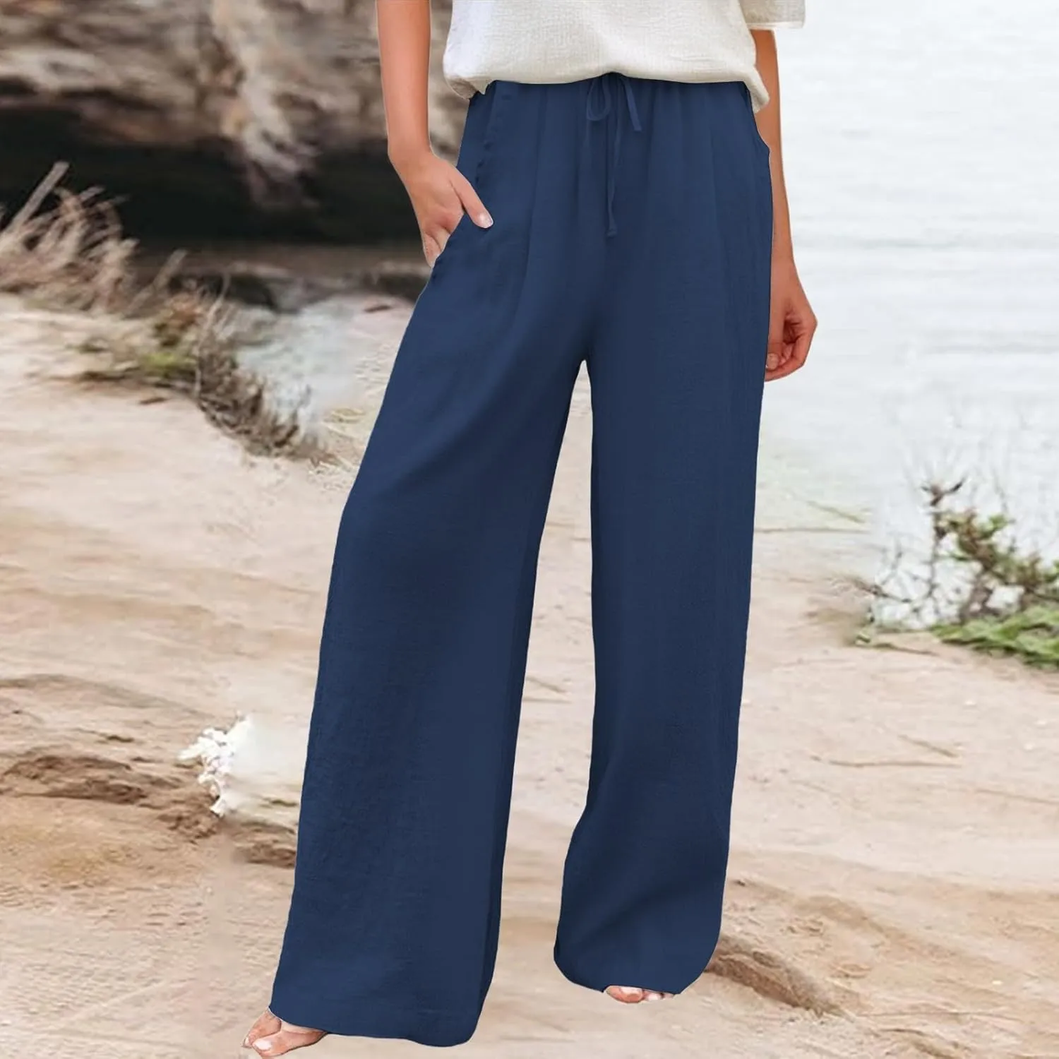 Wide Leg Palazzo Pants for Women Cotton Linen Summer Beach Vacation Trousers Dressy Loose Casual Sports Lounge Pants