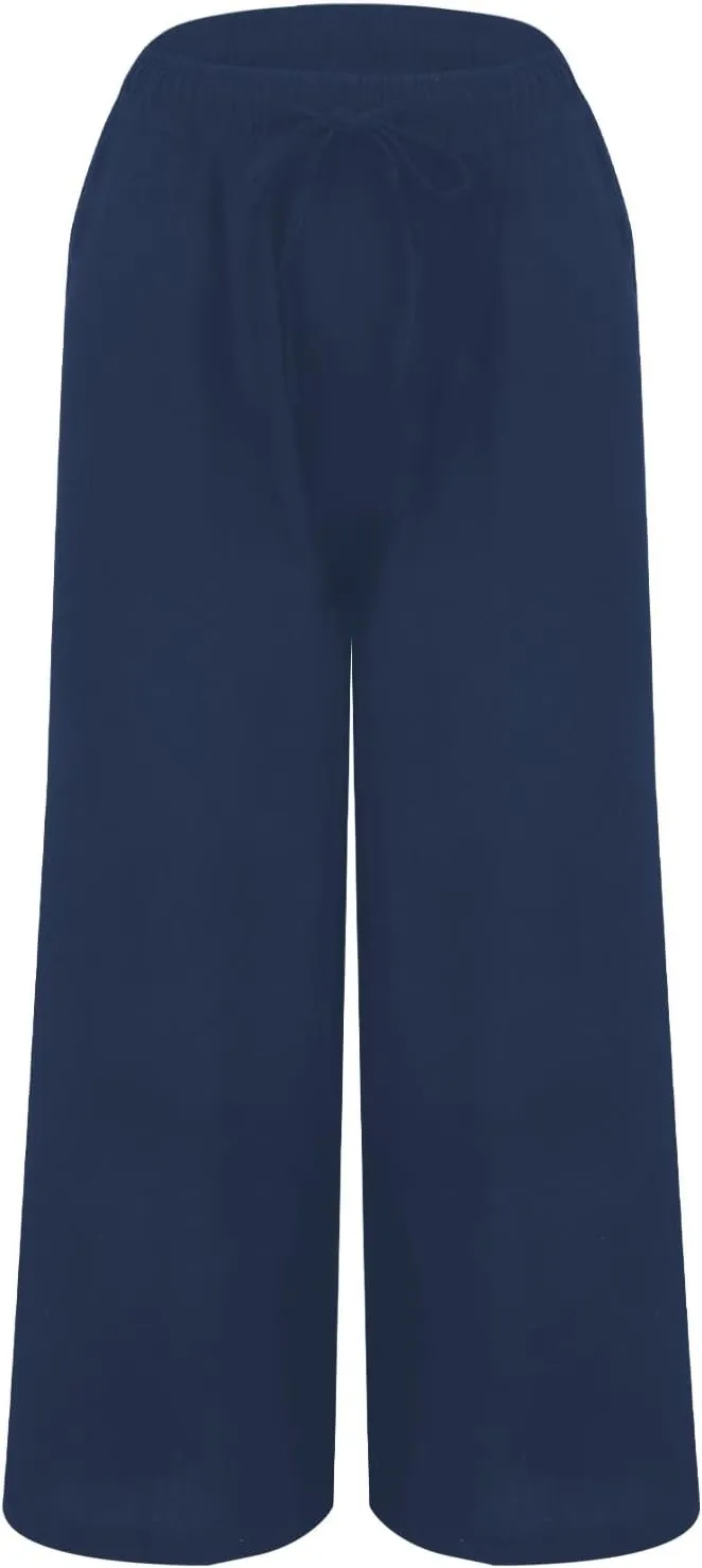 Wide Leg Palazzo Pants for Women Cotton Linen Summer Beach Vacation Trousers Dressy Loose Casual Sports Lounge Pants