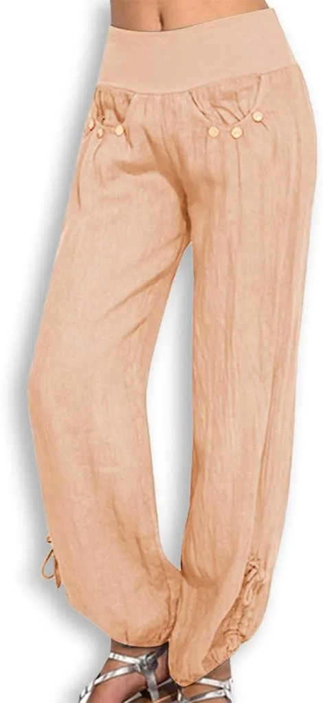 Wide Leg Pants for Womens Summer Linen Light Weight Fashion Trousers Loose High Waist Elastic Pants with Pockets