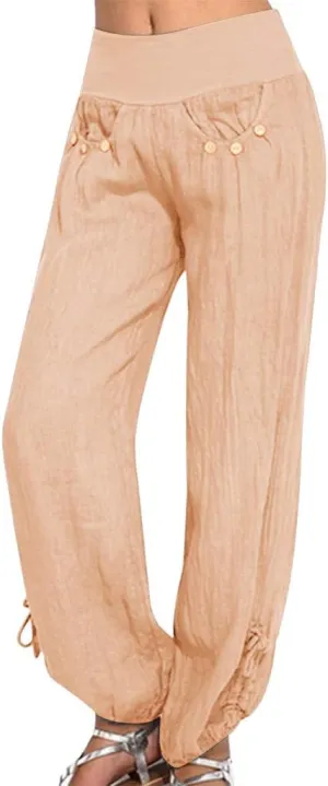 Wide Leg Pants for Womens Summer Linen Light Weight Fashion Trousers Loose High Waist Elastic Pants with Pockets