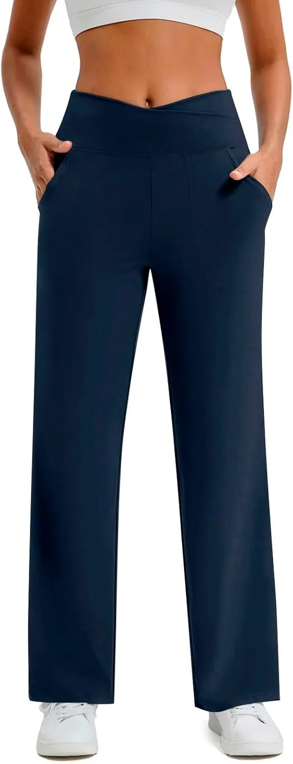 Wide Leg Yoga Pants for Women Crossover High Waisted Athletic Pants with Pockets Casual Comfy Lounge Pants