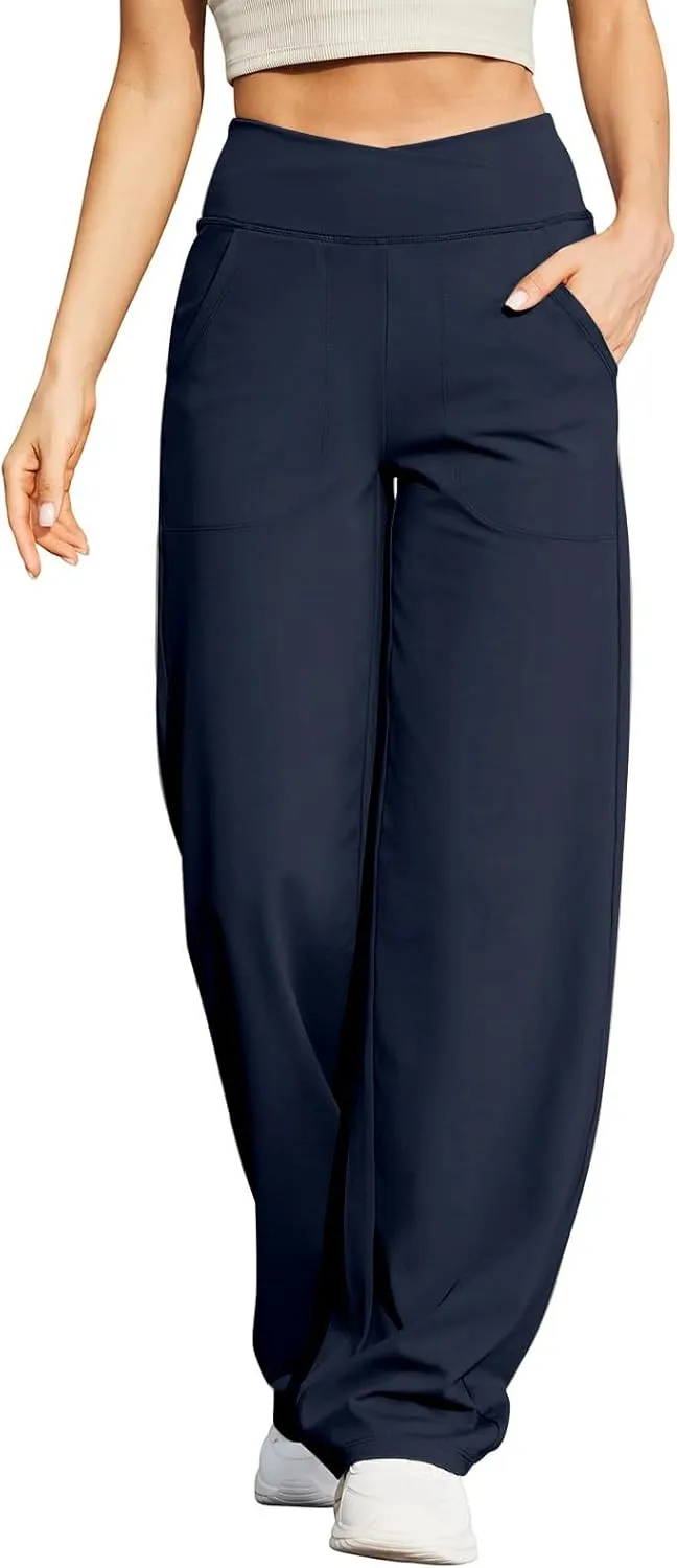 Wide Leg Yoga Pants for Women Crossover High Waisted Athletic Pants with Pockets Casual Comfy Lounge Pants