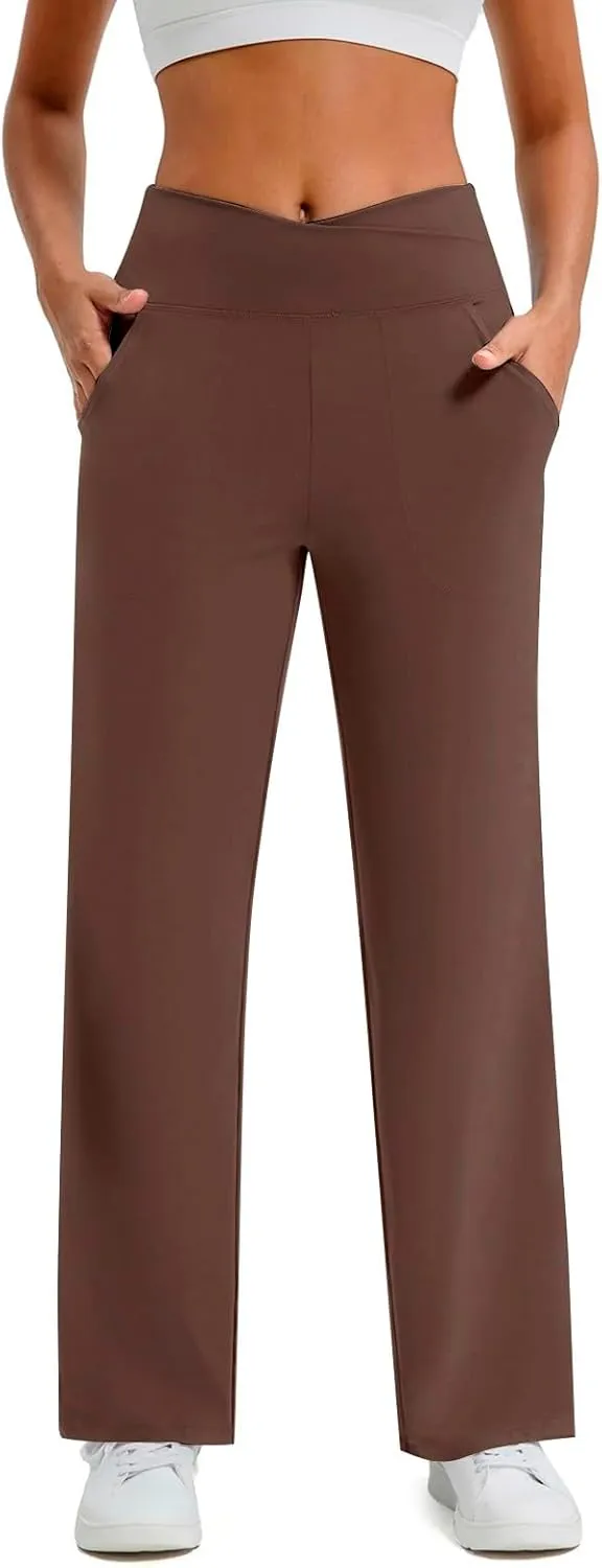 Wide Leg Yoga Pants for Women Crossover High Waisted Athletic Pants with Pockets Casual Comfy Lounge Pants