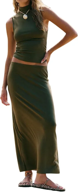 Women 2 Piece Skirt Set Outfits Sleeveless Ruched Crop Tank Top Bodycon Maxi Long Skirt Matching Sets
