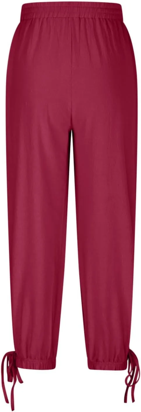 Women Baggy Draped Jogger Pants Summer Cotton Linen High Waisted Crop Tapered Pants Casual Drawstring Trousers with Pockets