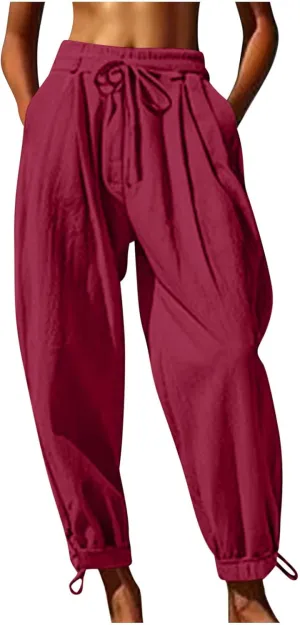 Women Baggy Draped Jogger Pants Summer Cotton Linen High Waisted Crop Tapered Pants Casual Drawstring Trousers with Pockets