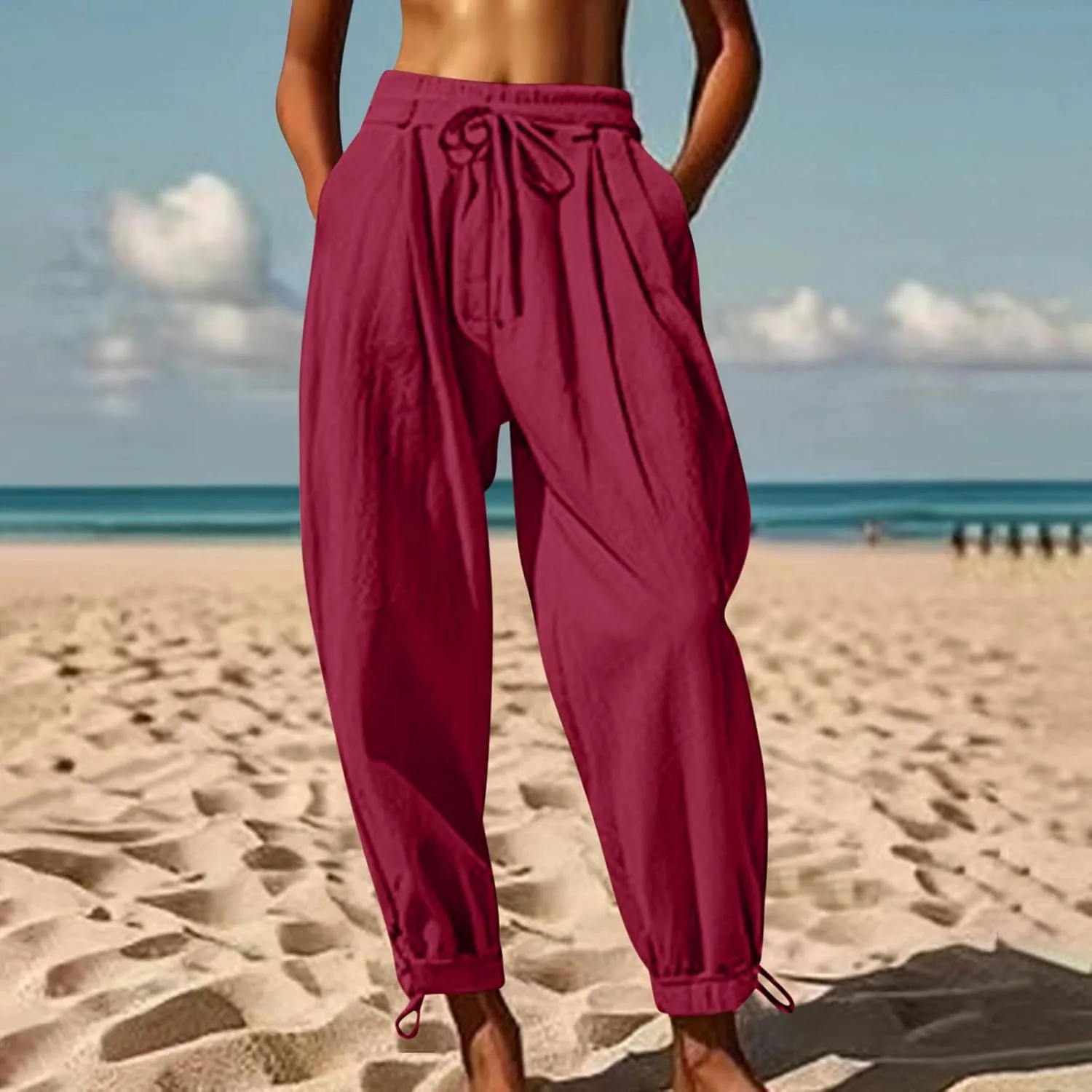 Women Baggy Draped Jogger Pants Summer Cotton Linen High Waisted Crop Tapered Pants Casual Drawstring Trousers with Pockets
