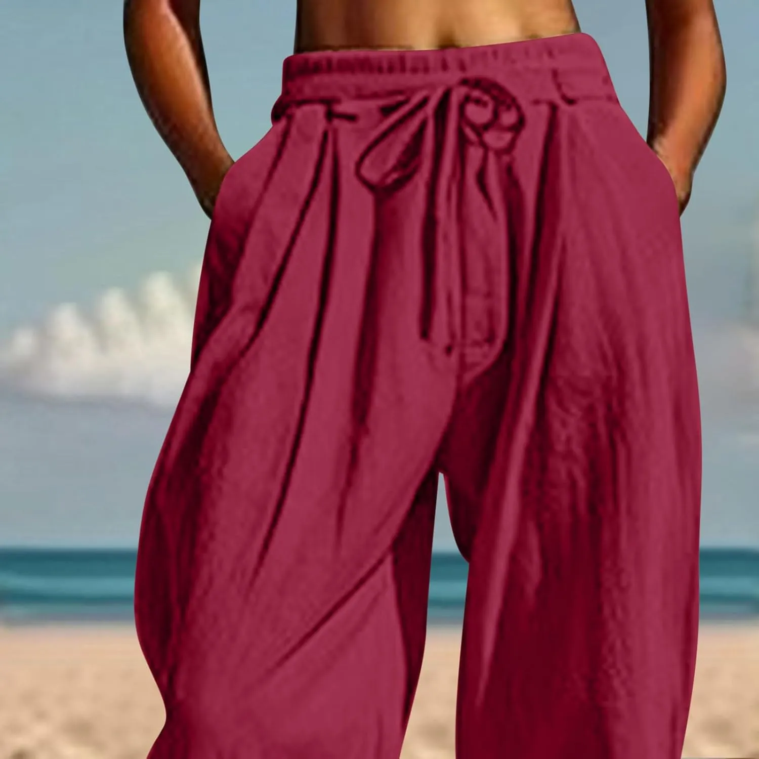 Women Baggy Draped Jogger Pants Summer Cotton Linen High Waisted Crop Tapered Pants Casual Drawstring Trousers with Pockets