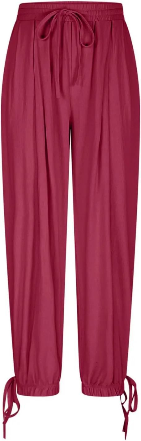 Women Baggy Draped Jogger Pants Summer Cotton Linen High Waisted Crop Tapered Pants Casual Drawstring Trousers with Pockets