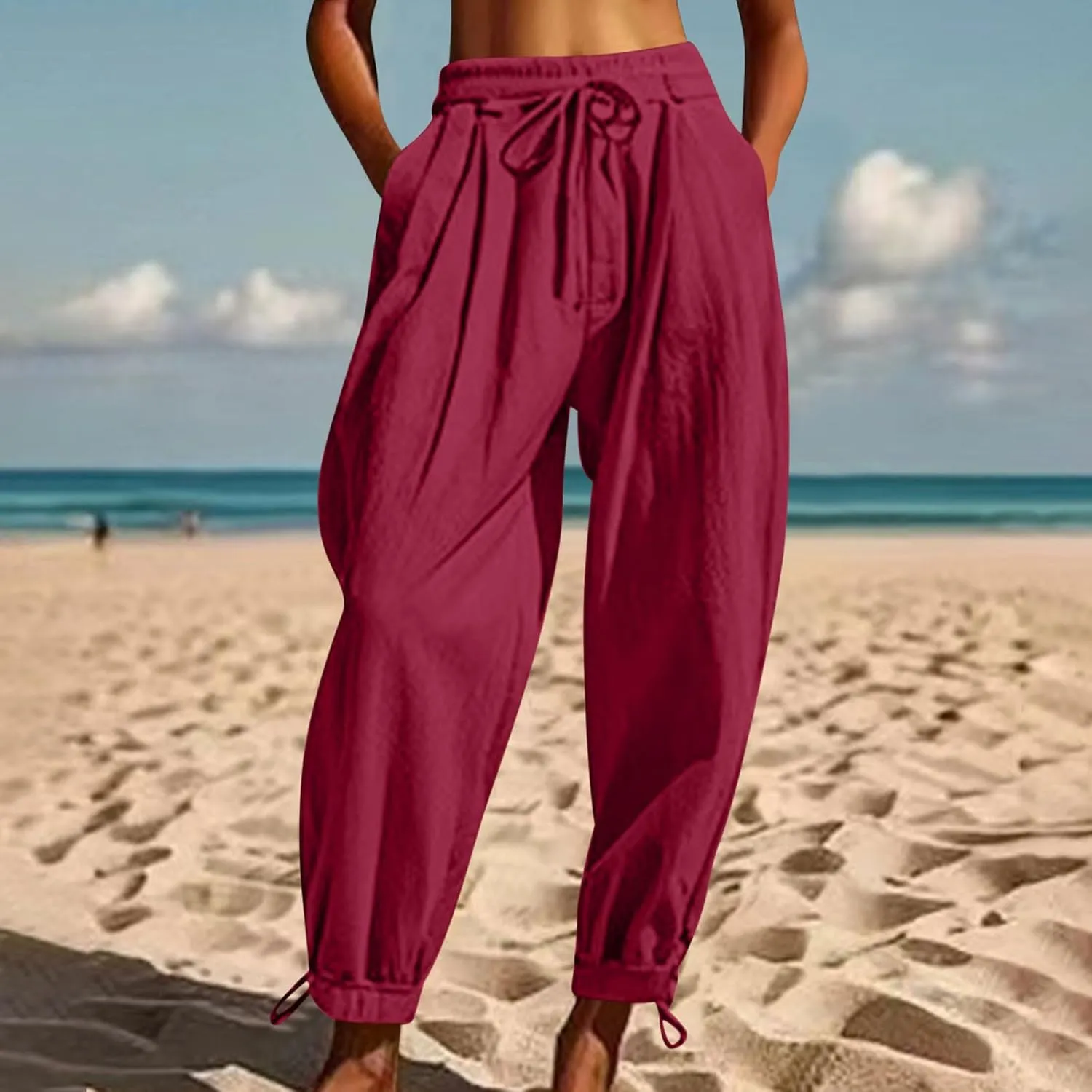 Women Baggy Draped Jogger Pants Summer Cotton Linen High Waisted Crop Tapered Pants Casual Drawstring Trousers with Pockets
